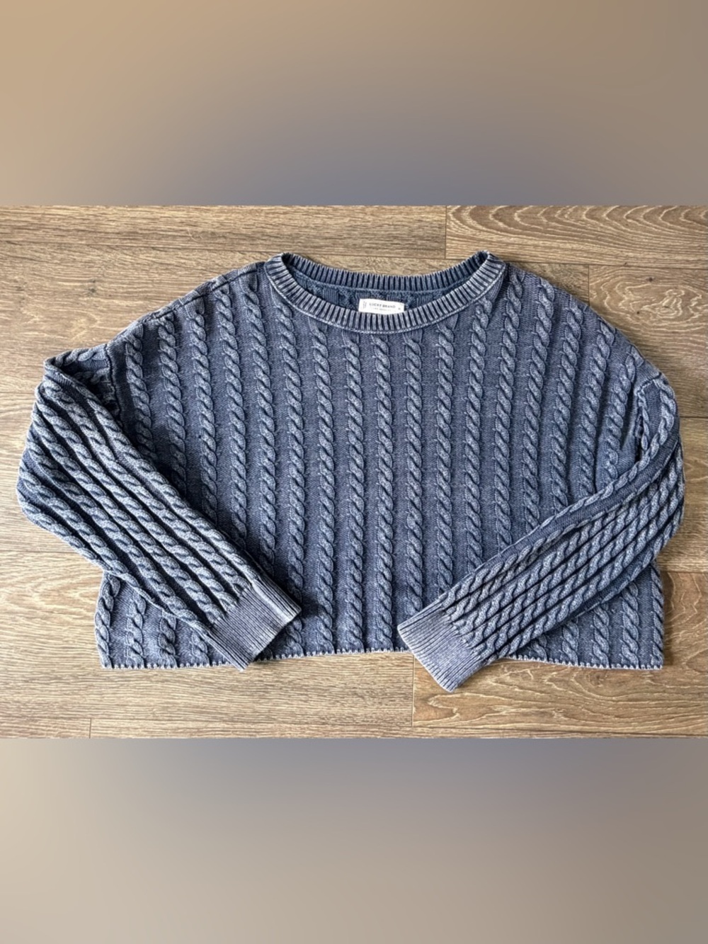Lucky Brand Cable-Knit Boxy Cropped Crewneck Sweater Blue X-Large